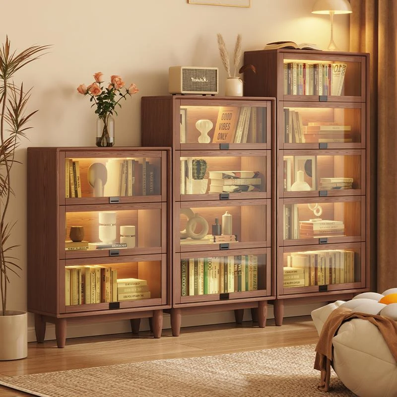 防尘书柜玻璃门置物架一体靠墙落地家用柜子儿童客厅立柜实木书架