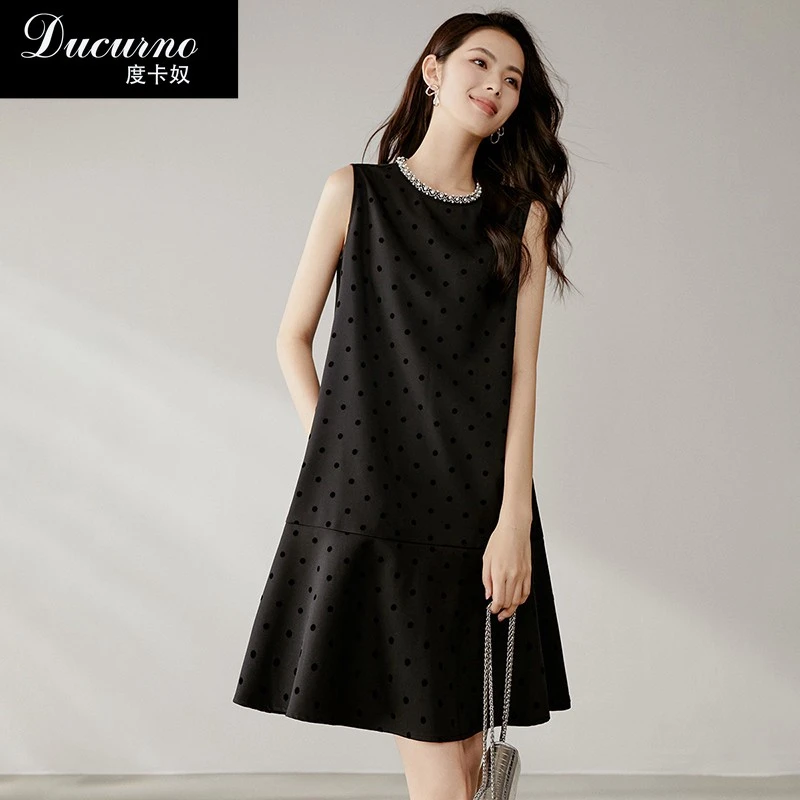 2025年秋新款时尚气质简约裙子女宽松法式植绒波点钉珠无袖连衣裙