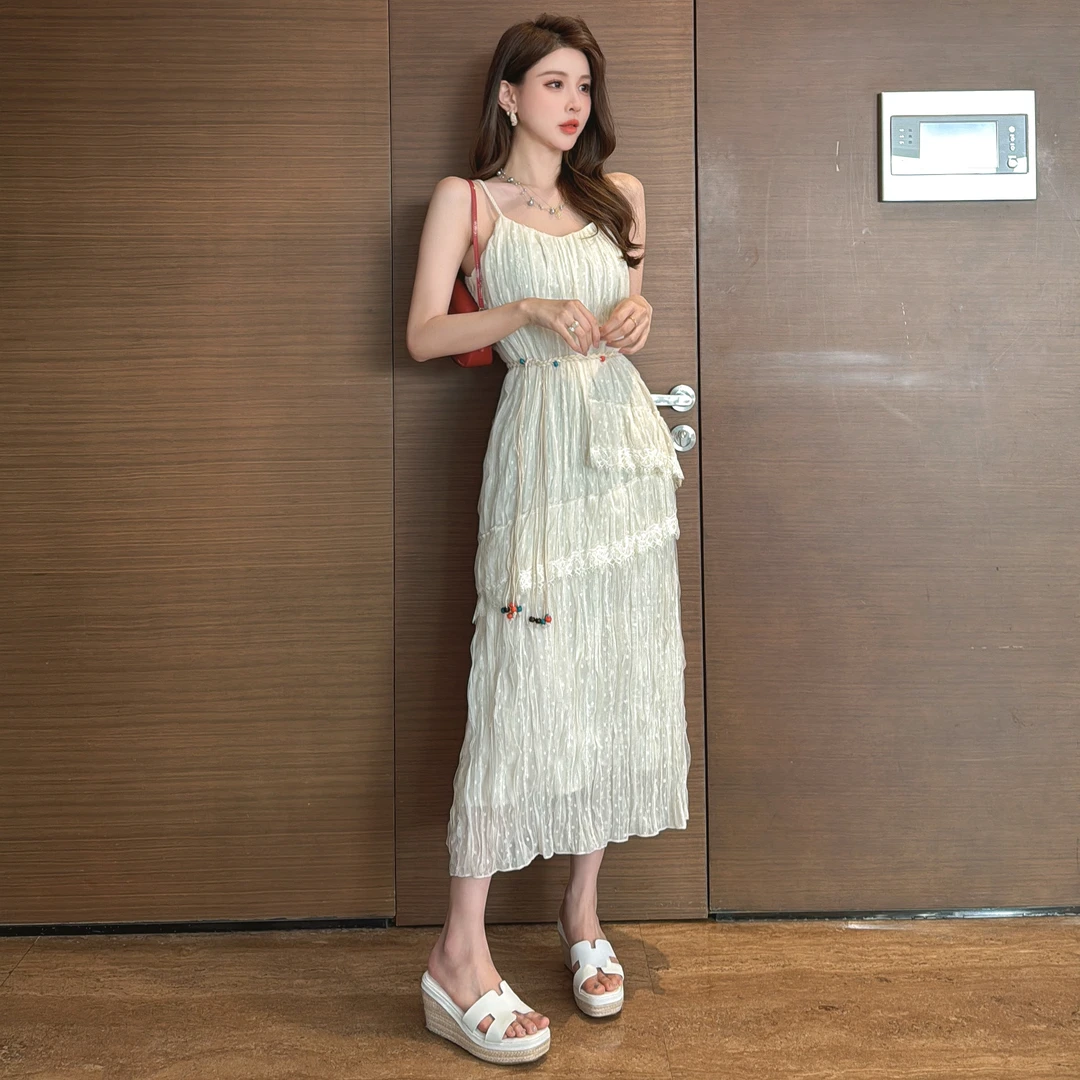 【MiNi推荐】高定设计师款立裁韩版连衣裙收腰长裙女送腰带JE2019