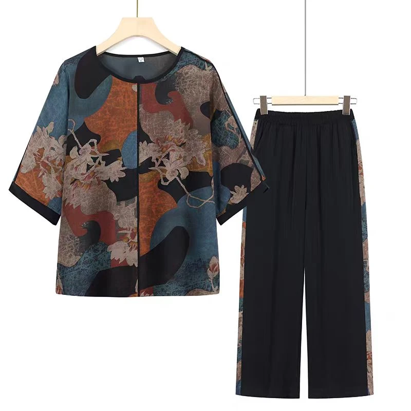 10588-奶奶夏装短袖高档套装女装妈妈复古两件套洋气衣服【亚】