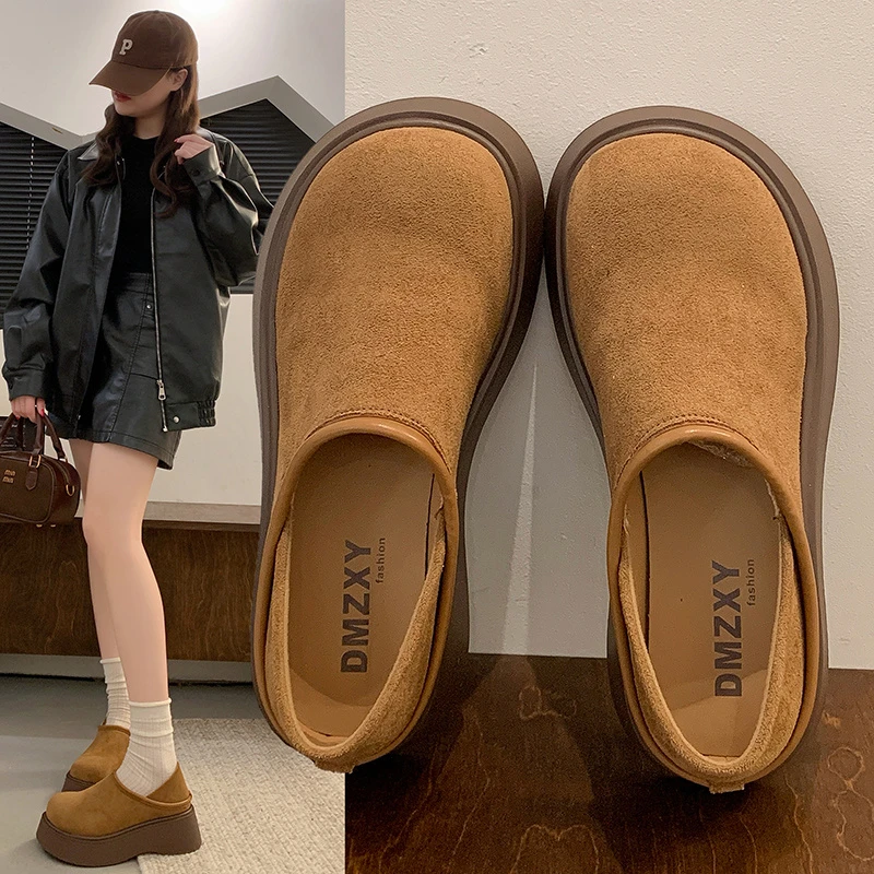 厚底增高勃肯女鞋2025春秋新款一脚蹬两穿韩版百搭豆豆乐福鞋