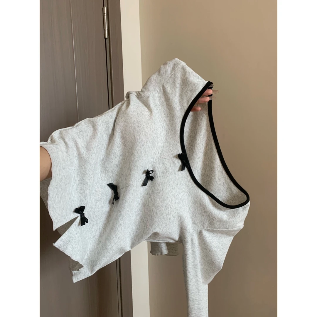 撞色拼接蝴蝶结长袖小个子超好看修身短款上衣2025新款春秋打底衫