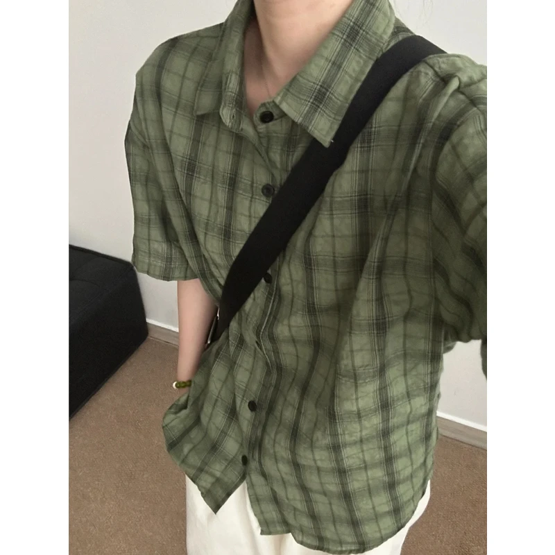 军绿色格子衬衫短袖男夏季薄款速干凉感休闲衬衣格纹翻领防晒外套