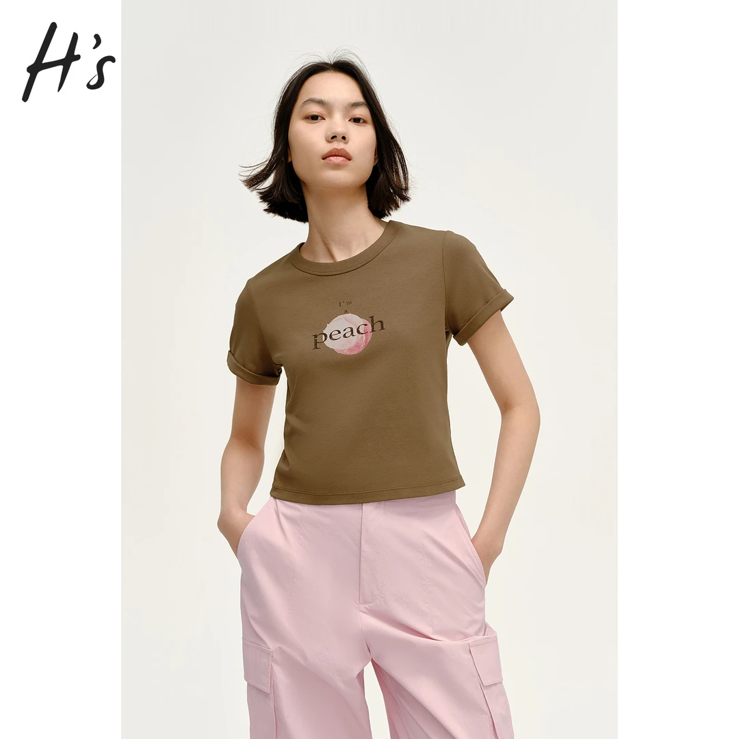 商场同款|HS正肩印花T恤女夏新款高级设计针织弹力短宽版套头短袖