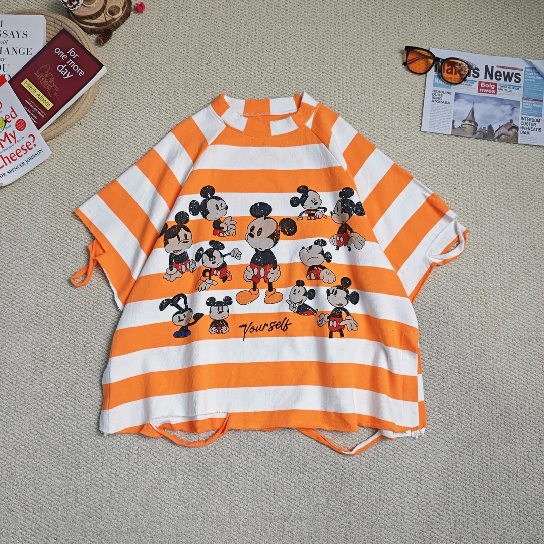 2025春季新款宽松百搭时尚卡通印花条纹短袖T恤9012