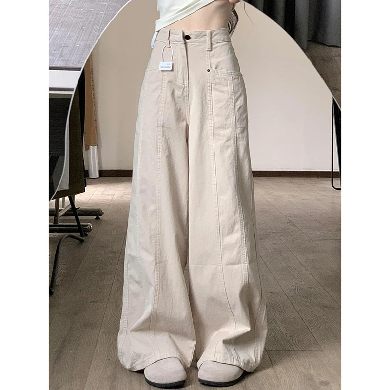 美式复古杏色弯刀工装牛仔裤女早秋季慵懒松弛感显瘦镰刀阔腿裤子
