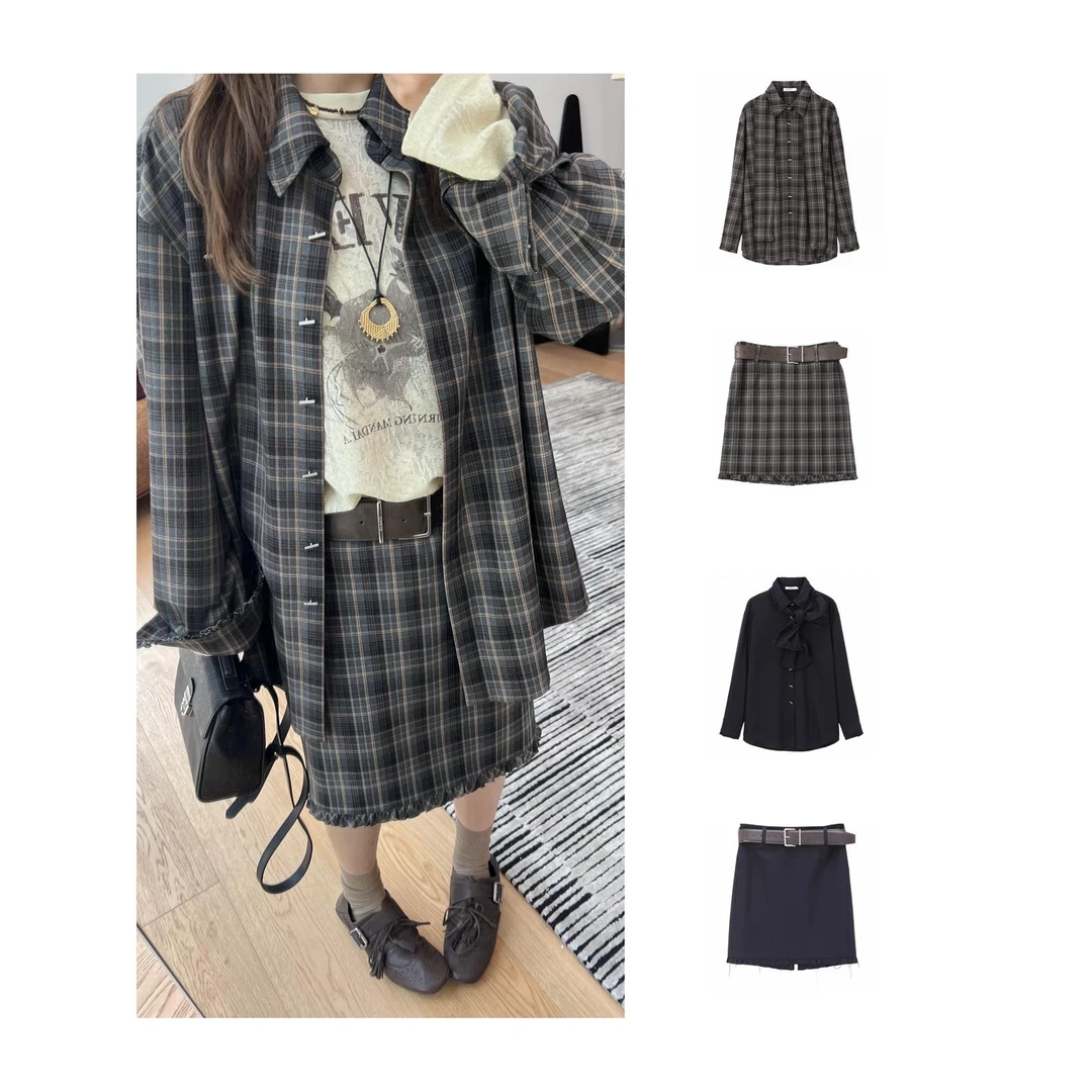 AVVENN2025冬复古格纹长袖衬衫半裙套装女dopdop买手店