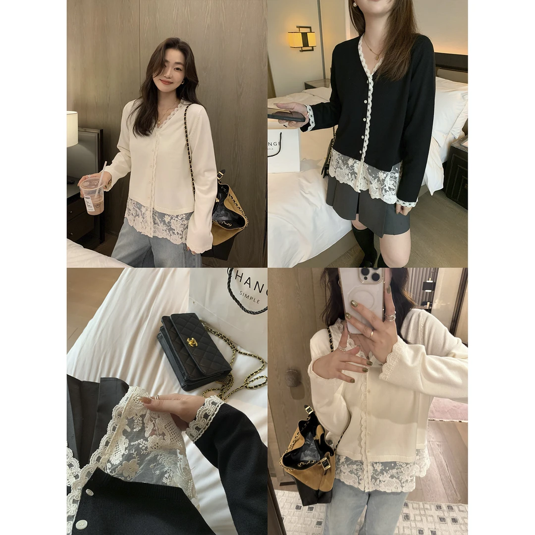 现货大婉酱微胖定制【氛围神】法式高级感蕾丝毛织开衫针织衫8998D