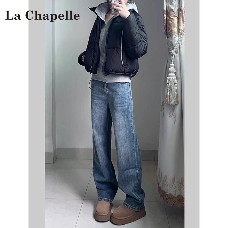 拉夏贝尔复古蓝高腰窄版牛仔裤女阔腿2025爆款洋气显瘦直筒九分裤