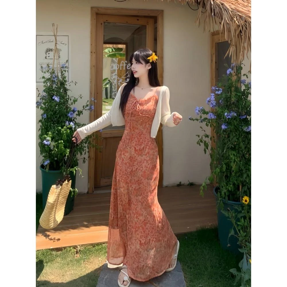 大码法式气质碎花吊带连衣裙胖mm夏季2025新款气质度假收腰长裙