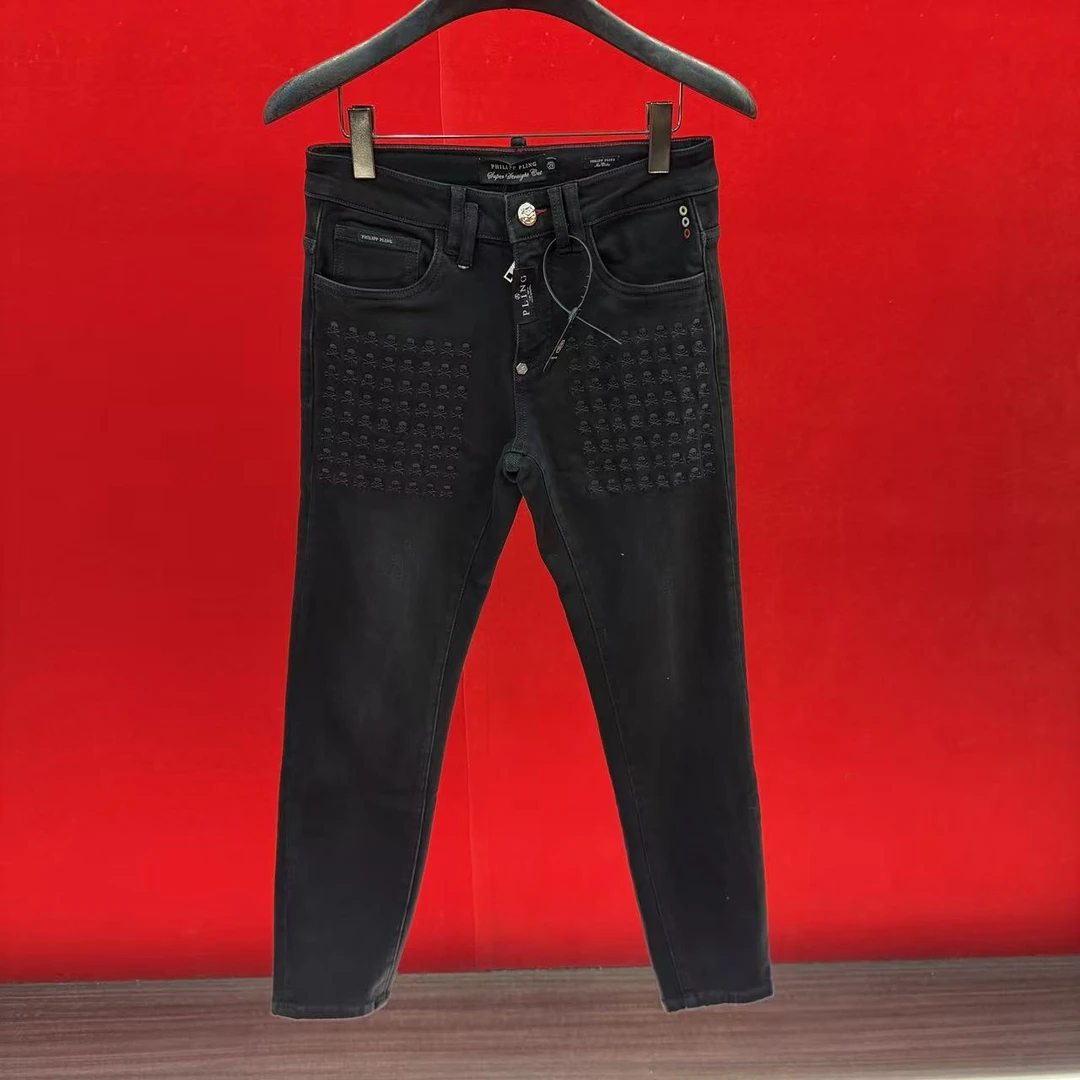 高品质欧货潮牌秋冬季时尚潮流修身高级骷髅头男士黑色牛仔裤8807