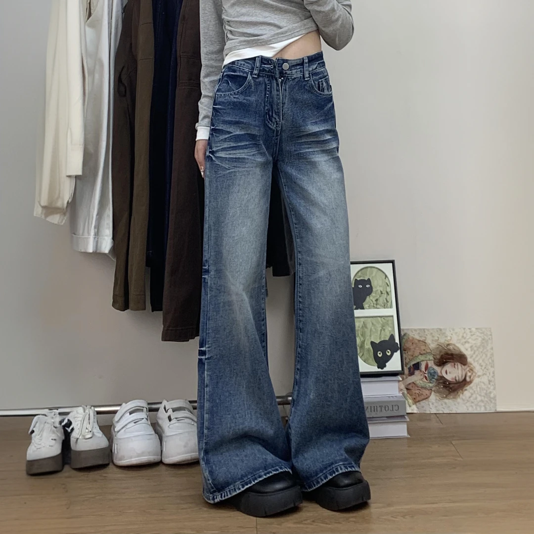大码美式复古水洗高腰直筒牛仔裤女夏季新款宽松显瘦阔腿拖地长裤