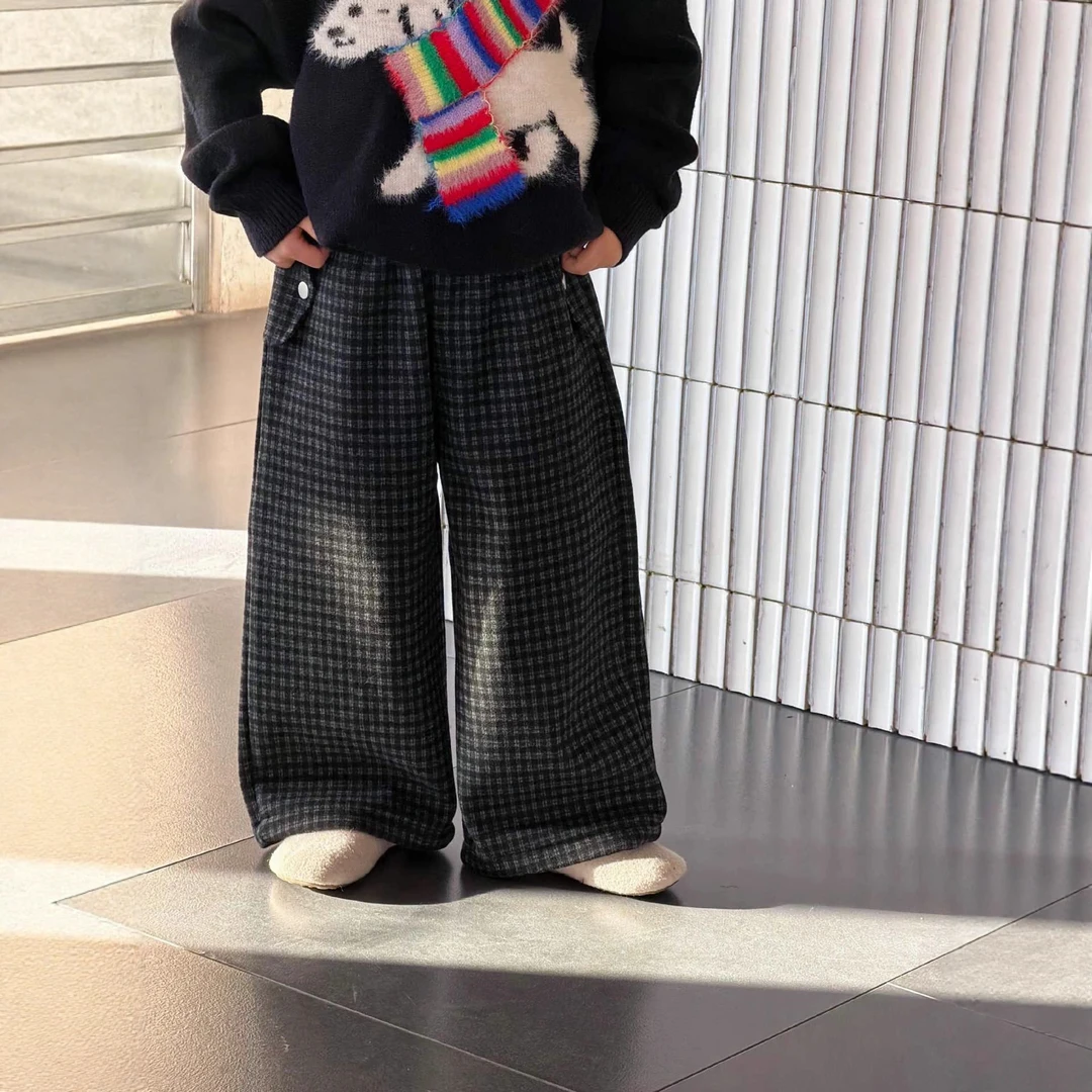 MT【冬季日韩风】男女童ins风时尚百搭加绒时髦格子休闲阔腿直筒裤