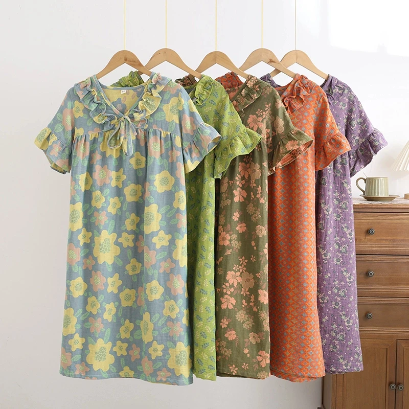 纯棉双层纱女士家居舒适短袖睡裙宽松大码可外穿家居裙宽松版