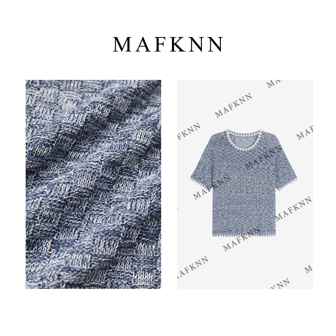 MAFKNN/玛肯时尚休闲简约纯色百搭圆领针织短袖格纹小衫MK12736