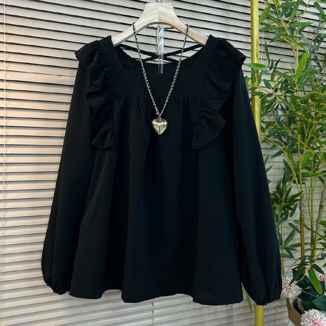 2025春季新款大码女装美拉德名媛荷叶边方领美背性感设计感女人衫