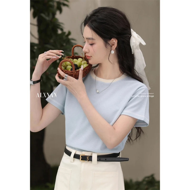 鹿向南「蓝天幻梦」休闲蓝色圆领显瘦上衣女短袖t恤上衣L55008