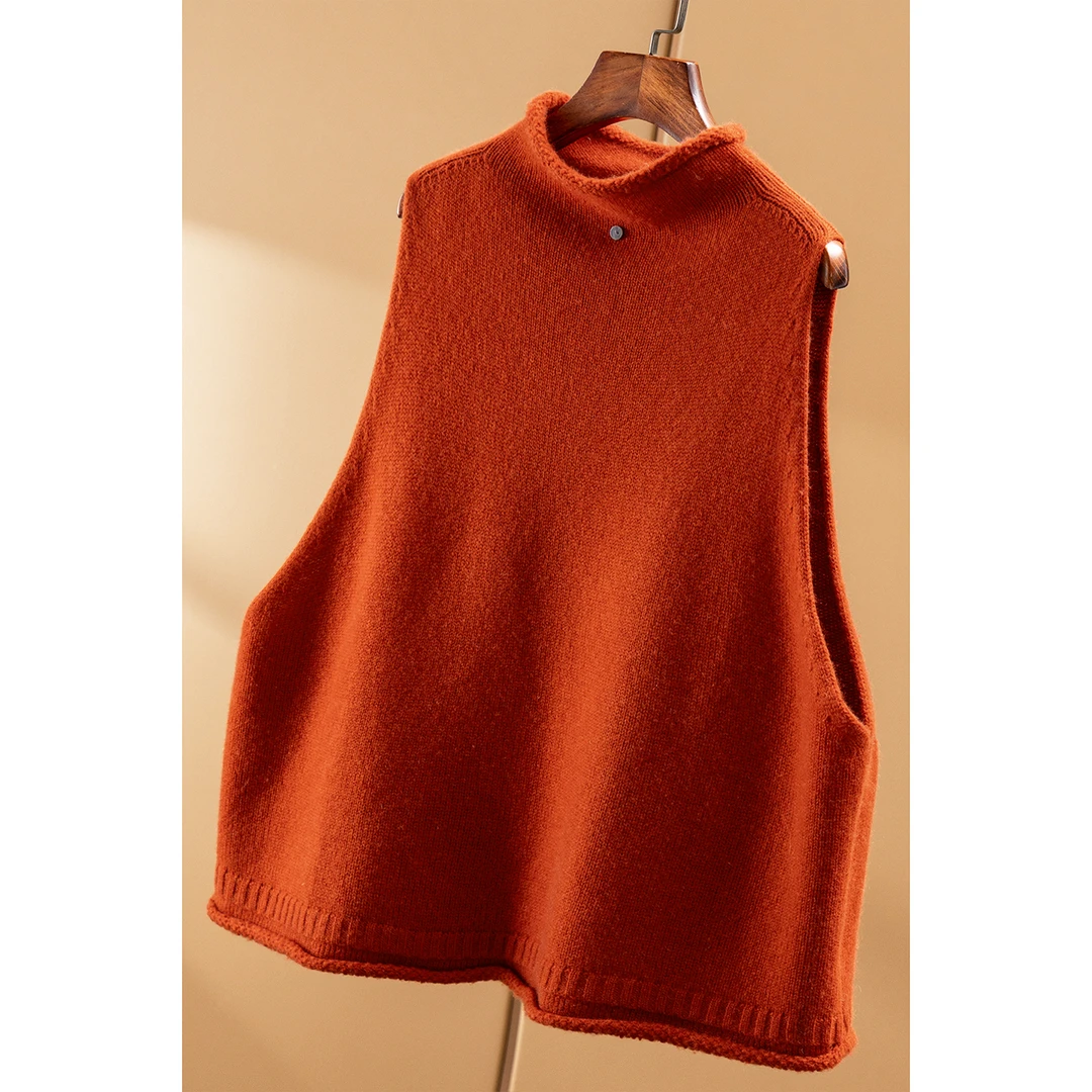 春天家 福利！慵懒卷边 法柜100羊绒半高领毛衣马甲背心女18J7