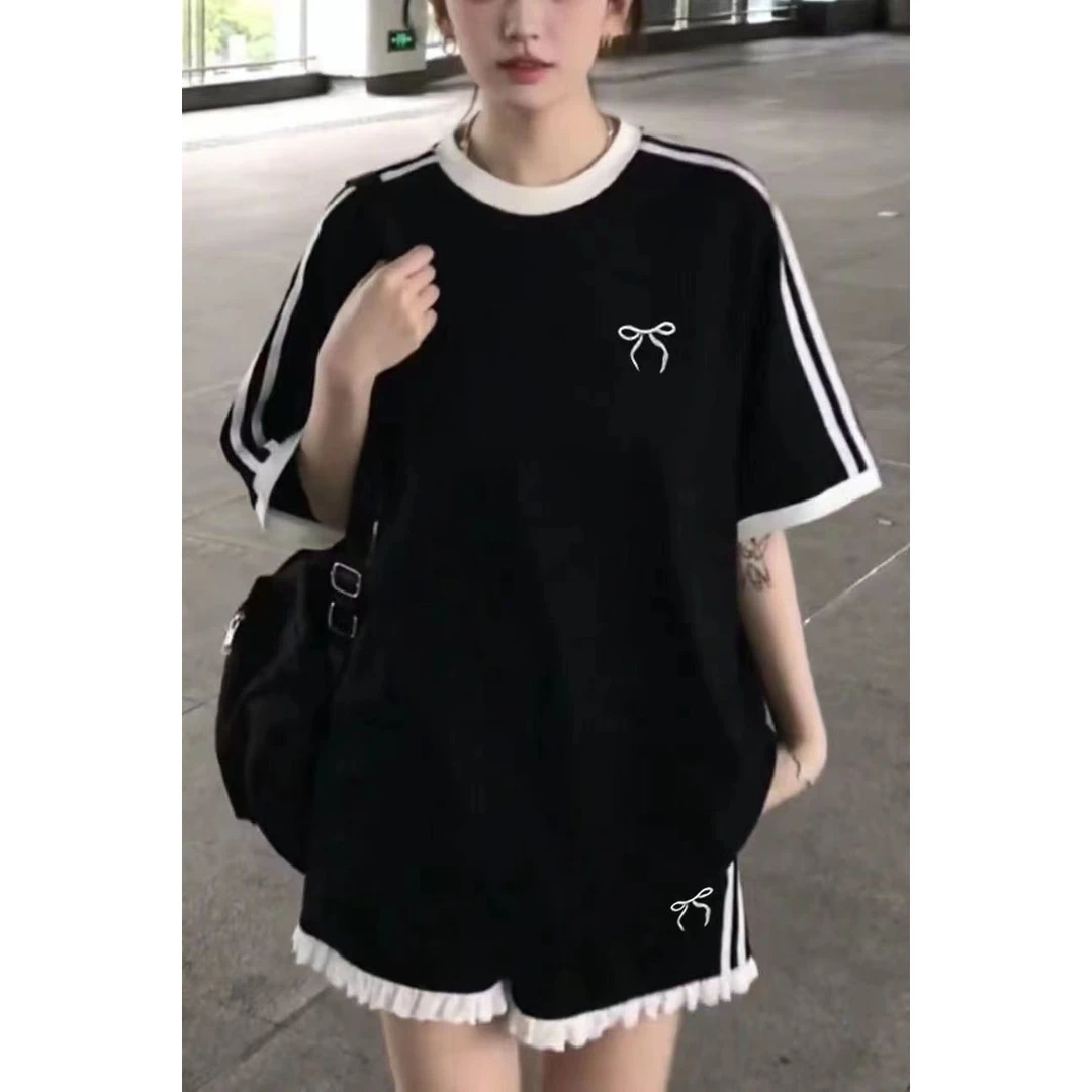 学生时尚2025夏季新款纯棉短袖休闲运动印花蕾丝短裤宽松显瘦套装