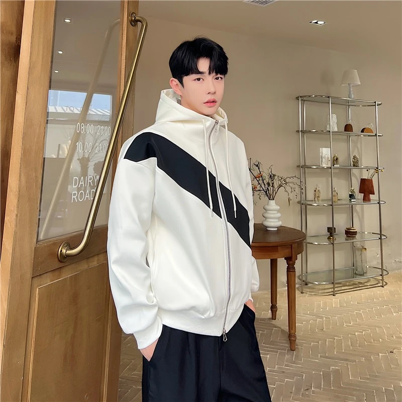 T133短款黑白撞色连帽拉链开衫太空棉个性卫衣