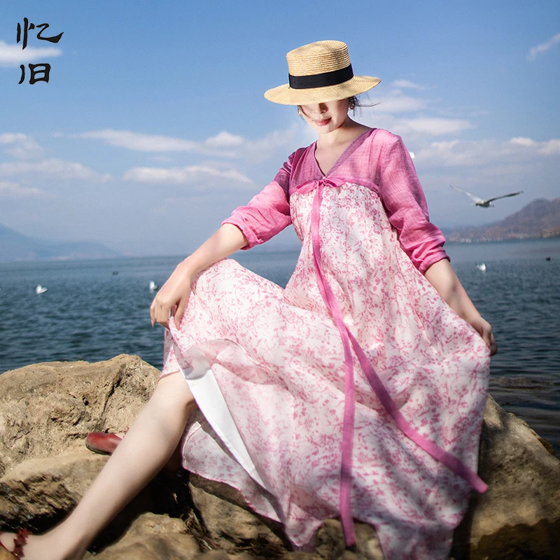 现货2674【书写浪漫】复古粉色连衣裙印花V领宽松长裙七分袖大裙摆