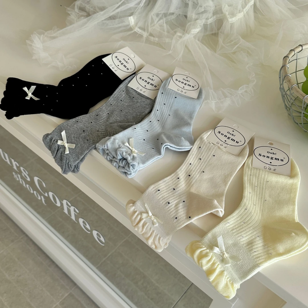 松口泡泡口袜子女小波点蝴蝶结日系可爱中筒袜子女搭配小皮鞋袜子