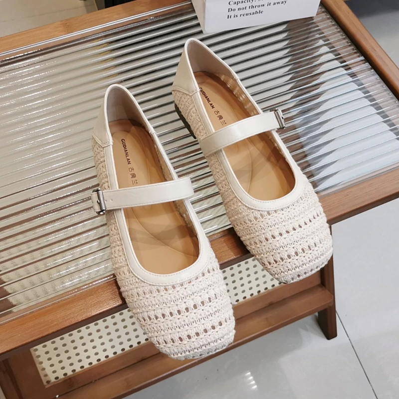 750-102法式编织镂空透气单鞋女2025春夏新款一字带平底玛丽珍鞋
