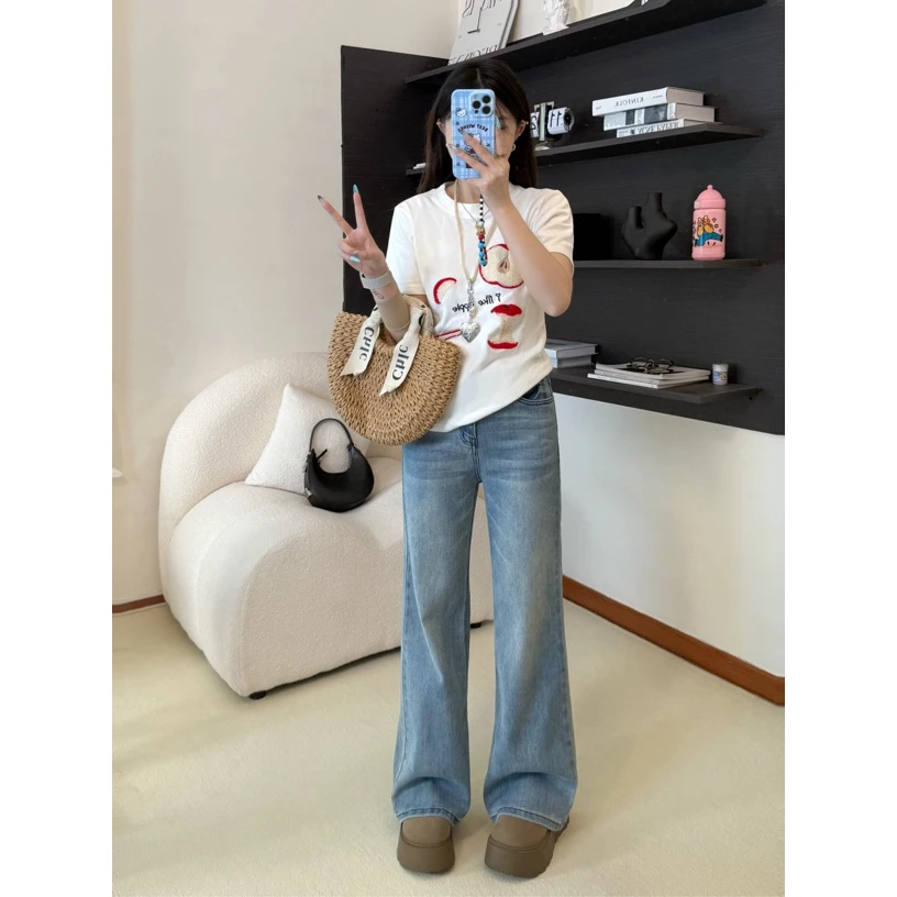 春夏微喇叭裤欧若风高腰高弹力女牛仔裤小个子百搭设计感裤子小众