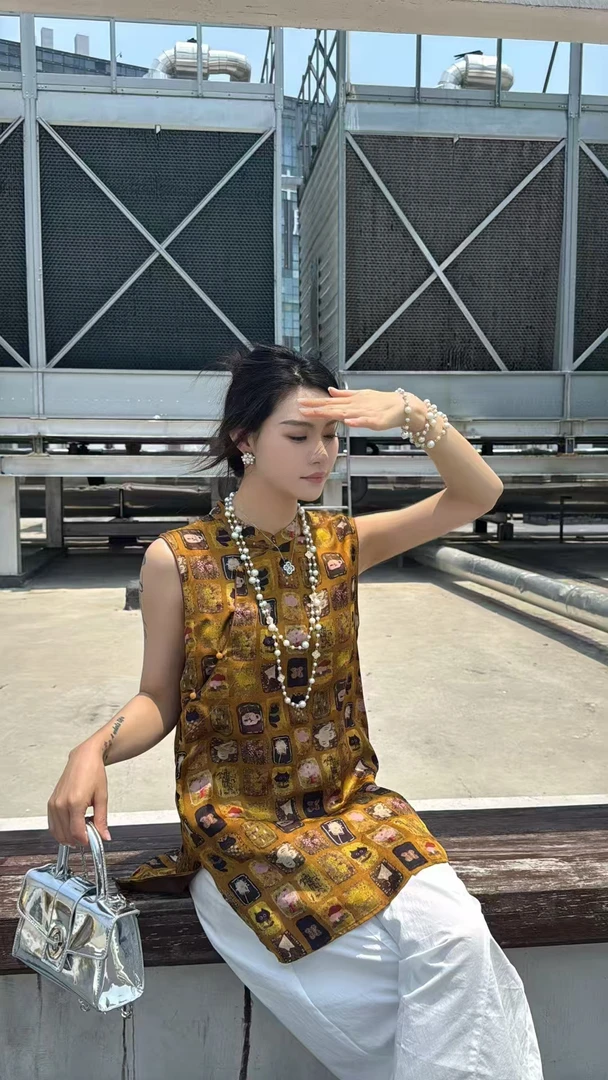 中长款半开领提花斜襟无袖上衣夏季重工国潮扎染复古