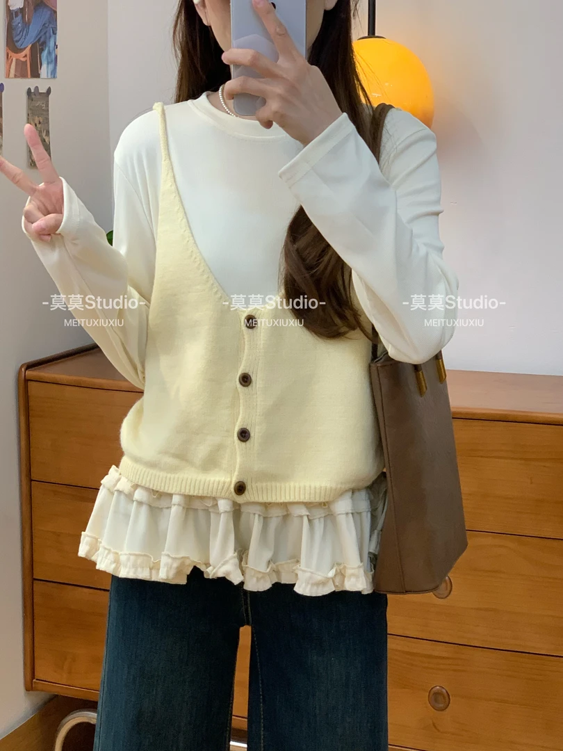 韩系简约百搭显瘦针织吊带背心+圆领长袖T恤两件套女575