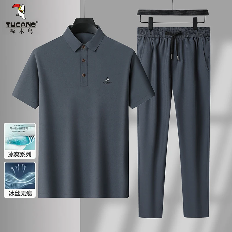 TUCANO/啄木鳥冰丝无痕短袖polo衫套装男士爸爸夏休闲透气两件套