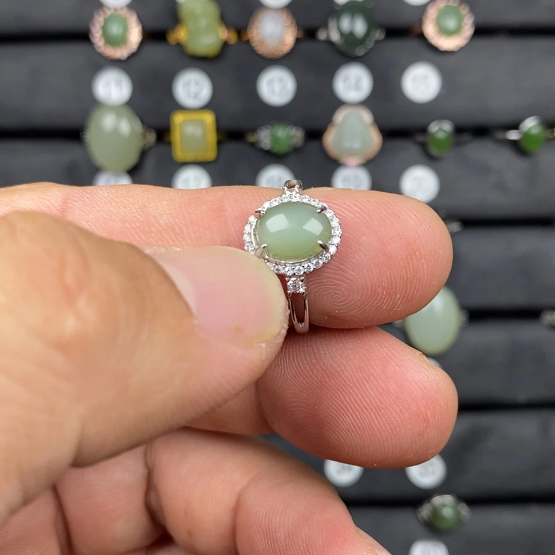 和田玉（碧玉）戒指银S925镀金镶嵌