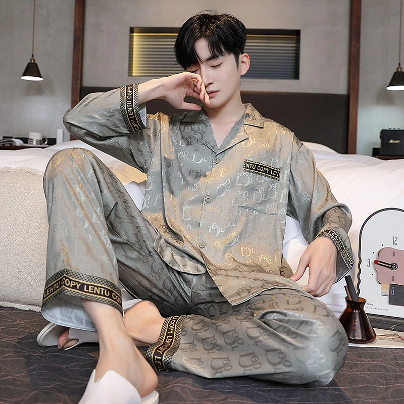 冰丝睡衣男春秋长袖爆款2025新款夏季薄款高档洋气家居服套装