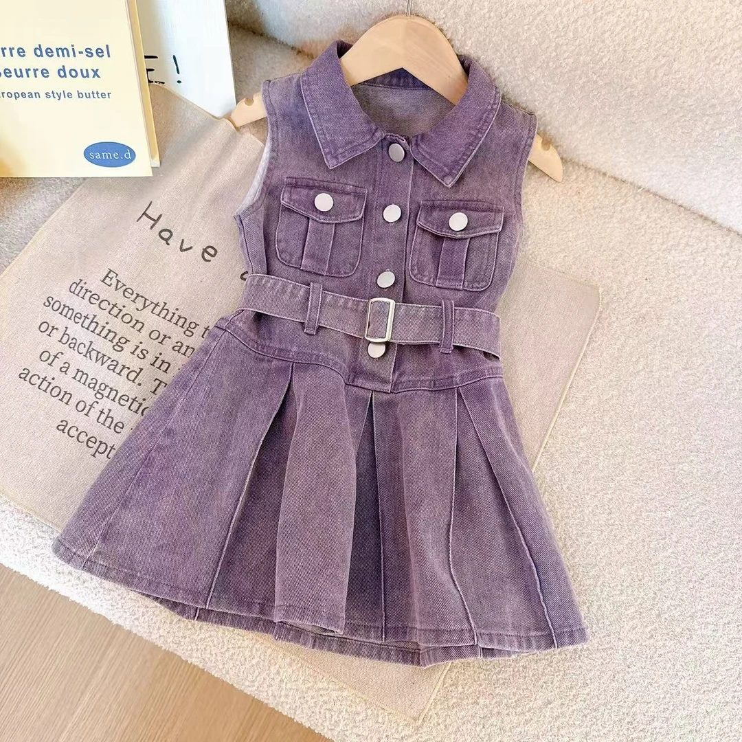 2025夏季学院风女牛仔裙连衣裙无袖裙紫色时尚韩版5X034