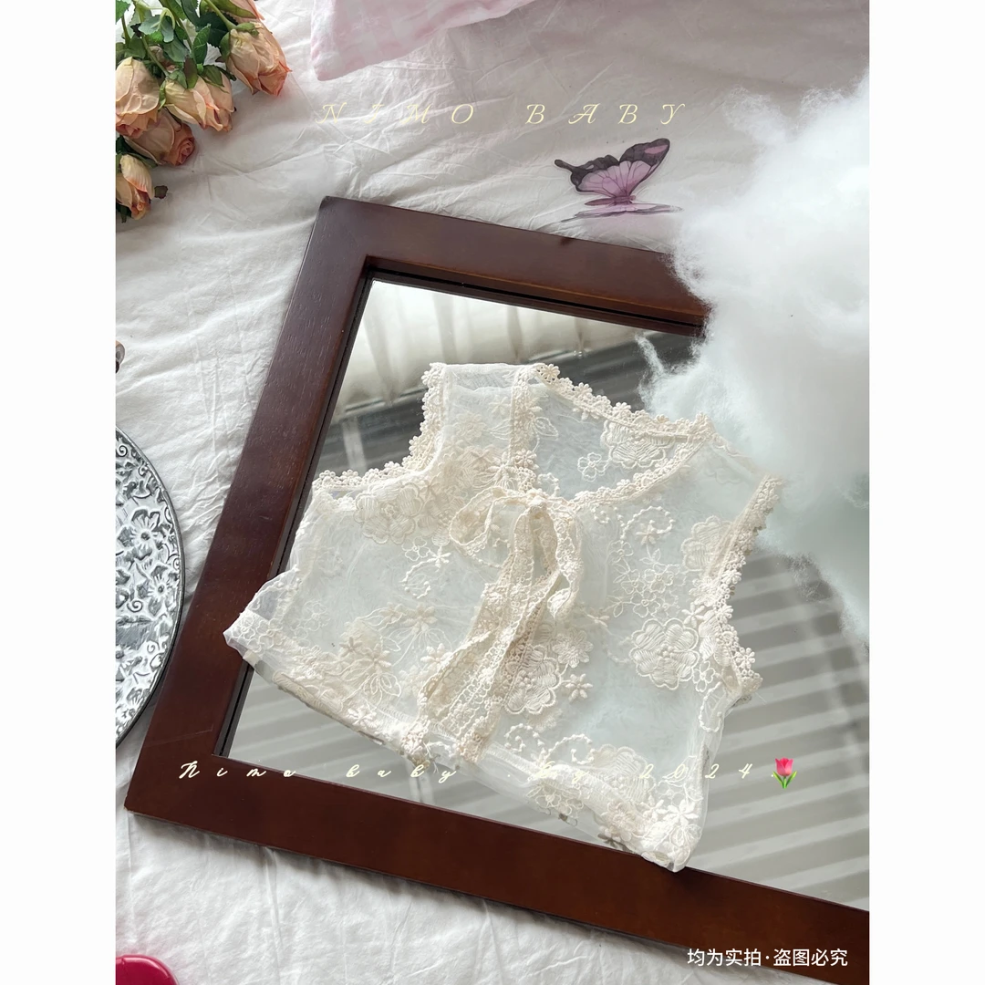 NIMO【纱荨】韩版夏款女宝宝蕾丝勾花百搭复古镂空短款气质刺绣马甲