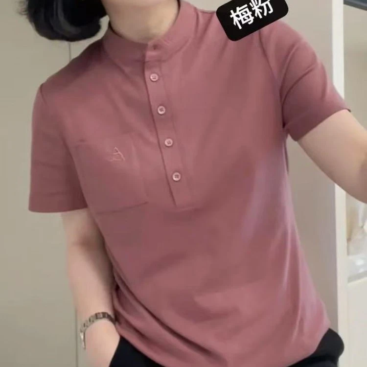 时尚经典百搭口袋刺绣纯色立领短袖半开显瘦短袖T