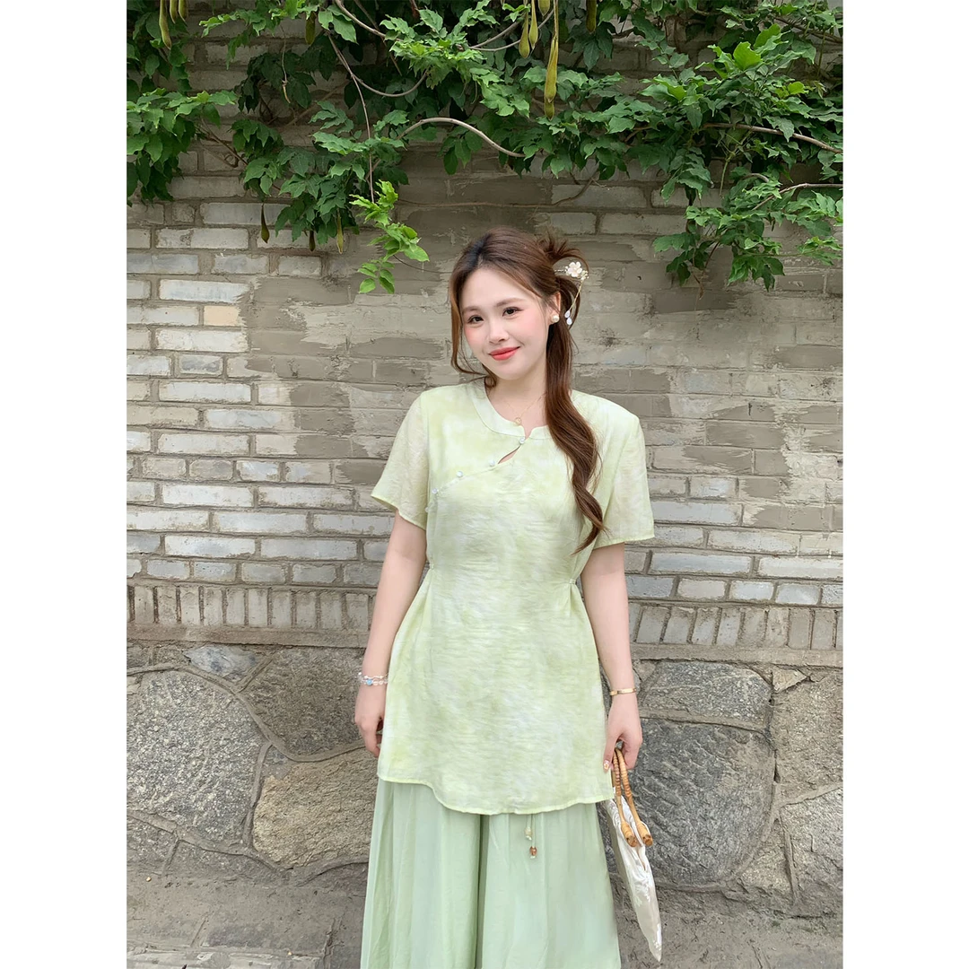 现货大婉酱千千微胖定制 新中式改良旗袍上衣气质阔腿裤套装9717X