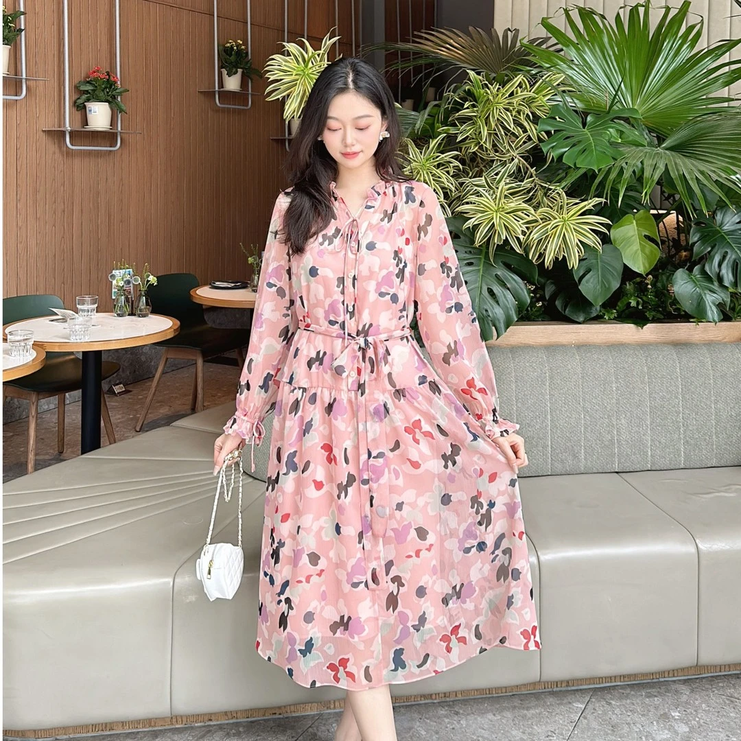 【商场同款】秋季新款时尚气质木耳边气质印花长袖连衣裙女1500465