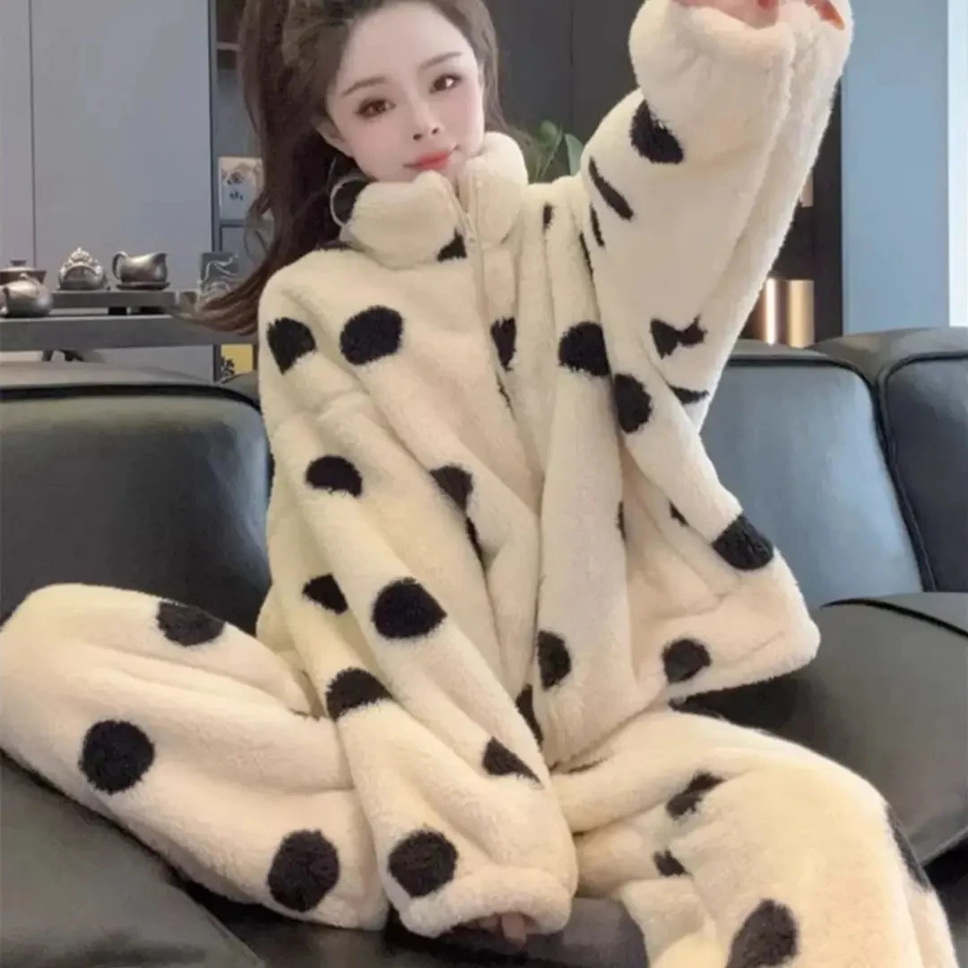 条纹睡衣女冬季加绒加厚保暖2025女士可外穿家居服套装