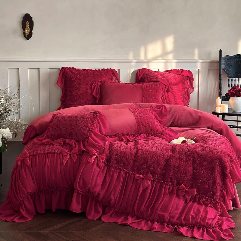 皇后娘娘  法式浪漫蕾丝花边牛奶绒四件套公主风冬季加厚保暖被套