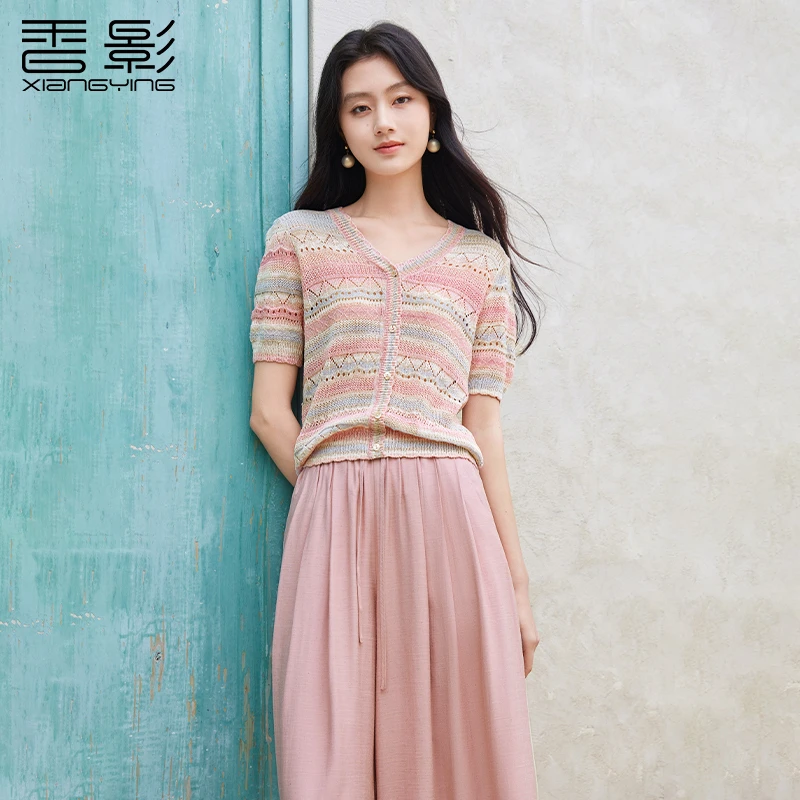 M85S634毛针织衫 香影彩虹条纹镂空v领针织衫女夏新款出游服装女