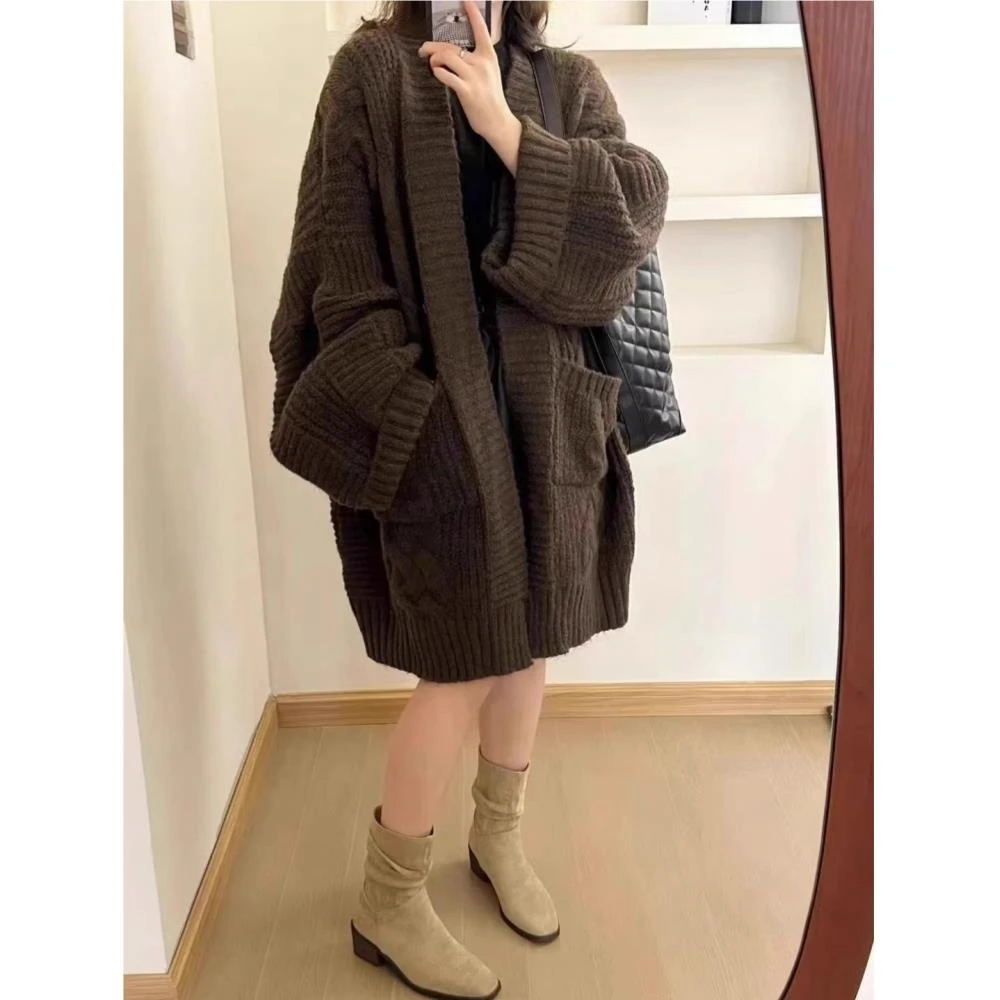 洋气慵懒风中长款针织开衫外套女秋冬大码微胖宽松遮肚子毛衣外搭