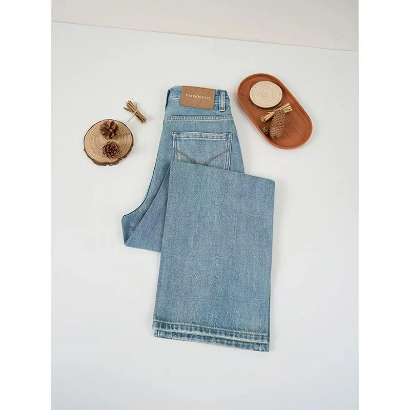 【主播专属】春上新复古蓝窄版阔腿裤高腰牛仔裤垂坠直筒裤