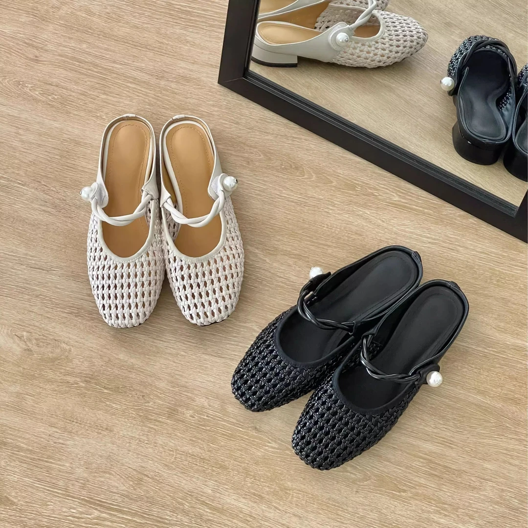 HUSSLOVE 牛皮+编织·跟高2.5CM·时尚百搭编织包头珍珠扣凉拖