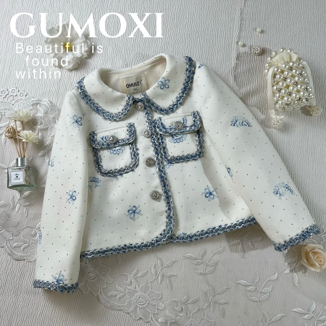【冰雪】女童设计师秋款小香风套装白色亮钻雪花儿童气质韩版