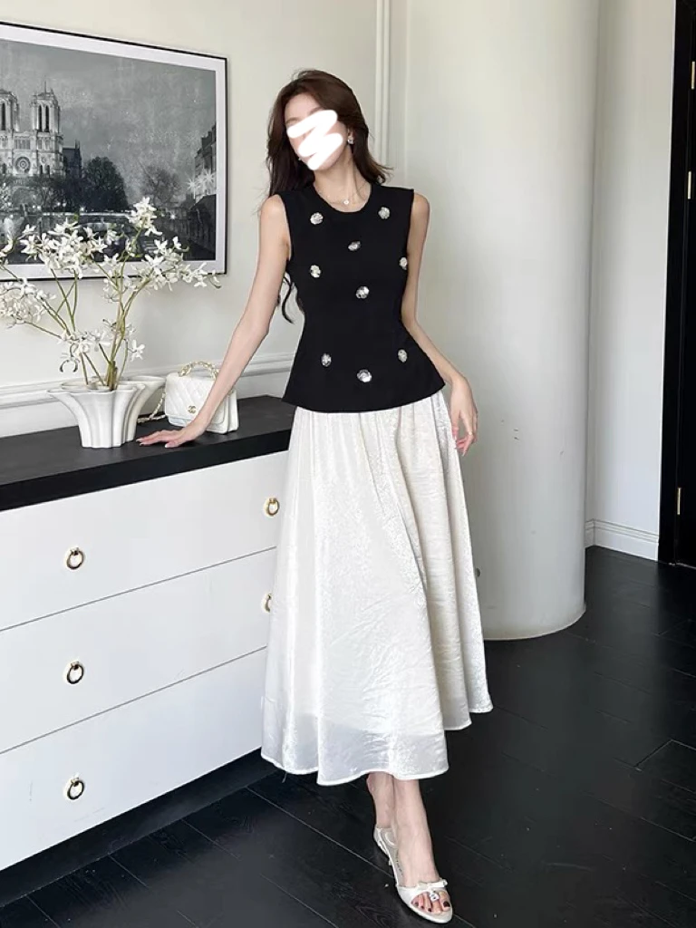 夏季法式高级感气质套装高腰修身显瘦珠花背心半身裙子套装25022