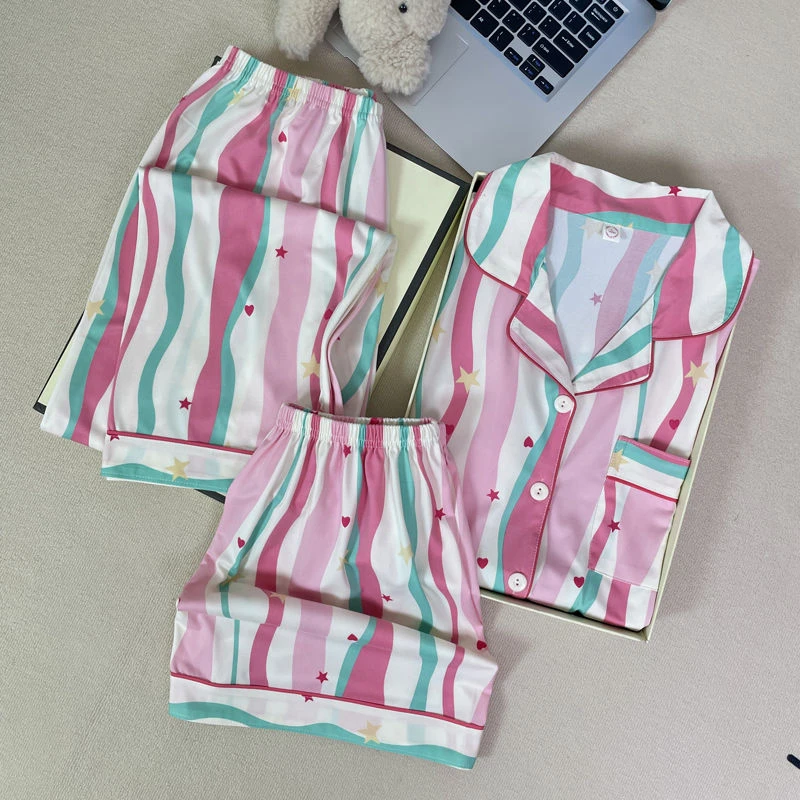 带胸垫睡衣女夏天甜美可爱2025新款短袖女士三件套装春秋季家居服