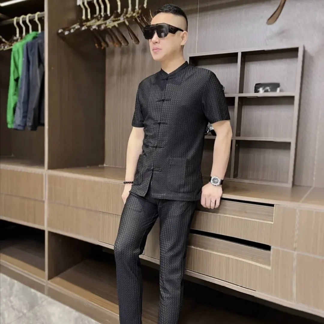 2025夏季新款唐装套装中国风盘扣冰凉垂感弹力修身百搭黑色短袖潮