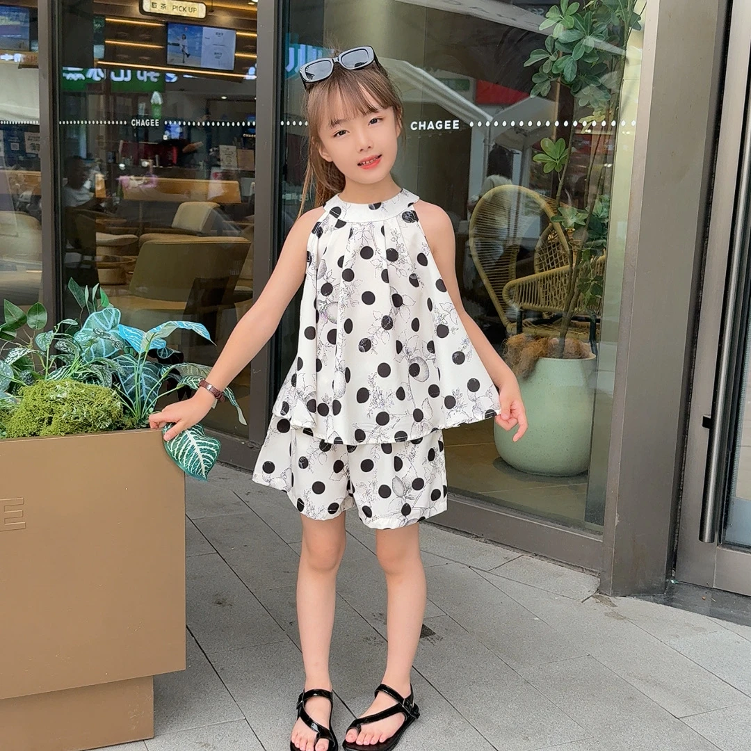 现货~清爽一夏~女童夏季无袖清凉穿搭套装中大童水墨圆点连衣裙