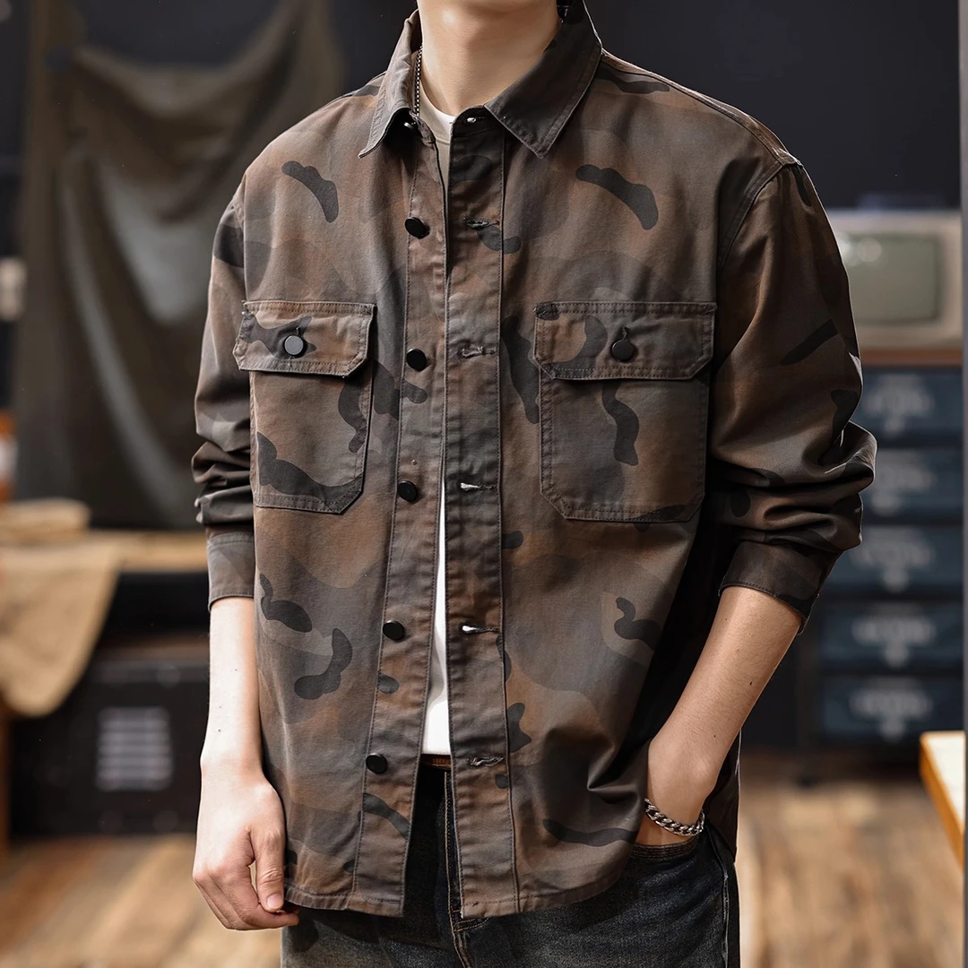高级感痞帅美式迷彩工装衬衫男士2026春秋新款复古长袖衬衣外套潮